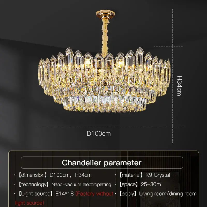 A decorbites crystal chandelier with golden polished brass finish and cascading k9 crystal prisms for modern luxury