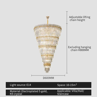 A decorbites crystal chandelier with cascading clear k9 crystal prisms and gold electroplated accents for elegant villa lighting