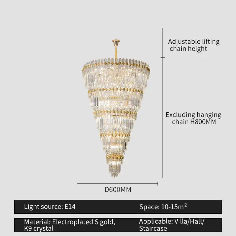 A decorbites crystal chandelier with cascading clear k9 crystal prisms and gold electroplated accents for elegant villa lighting