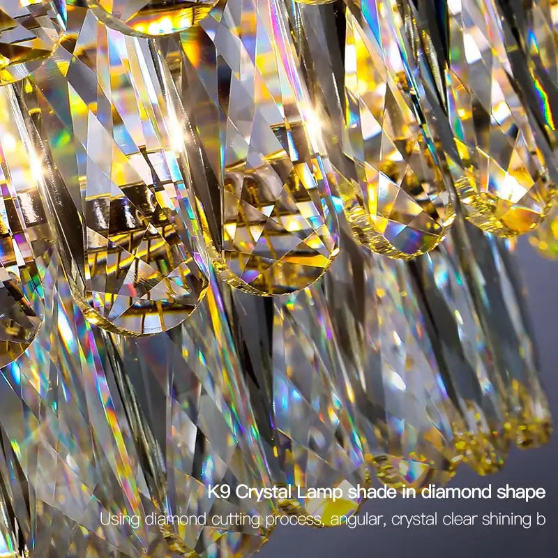 A dazzling DecorBites crystal chandelier with k9 crystal facets refracting rainbow hues for modern luxury lighting