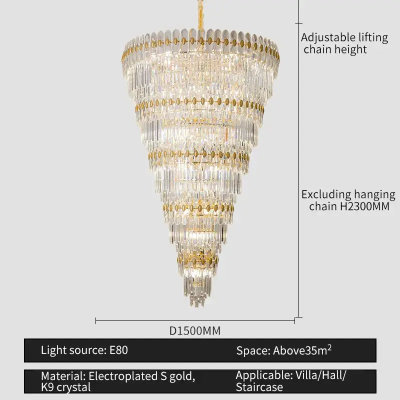 DecorBites crystal chandelier with cascading clear K9 crystals and gold electroplated accents for modern luxury
