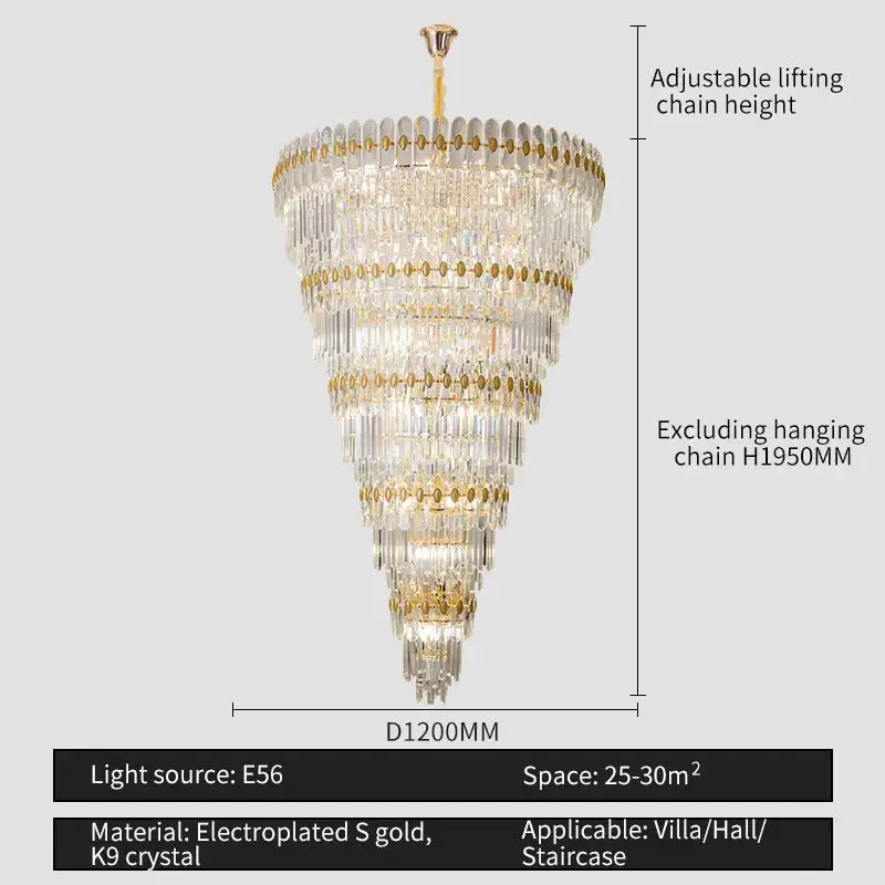 Elegant decorbites crystal chandelier with tiered clear k9 crystals and gold accents for villa or staircase lighting