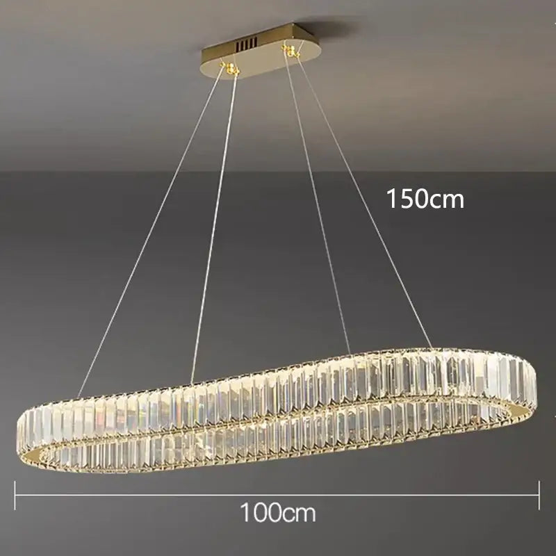 Decorbites crystal chandelier modern oval pendant with gold-toned frame and clear crystal prisms for living dining room