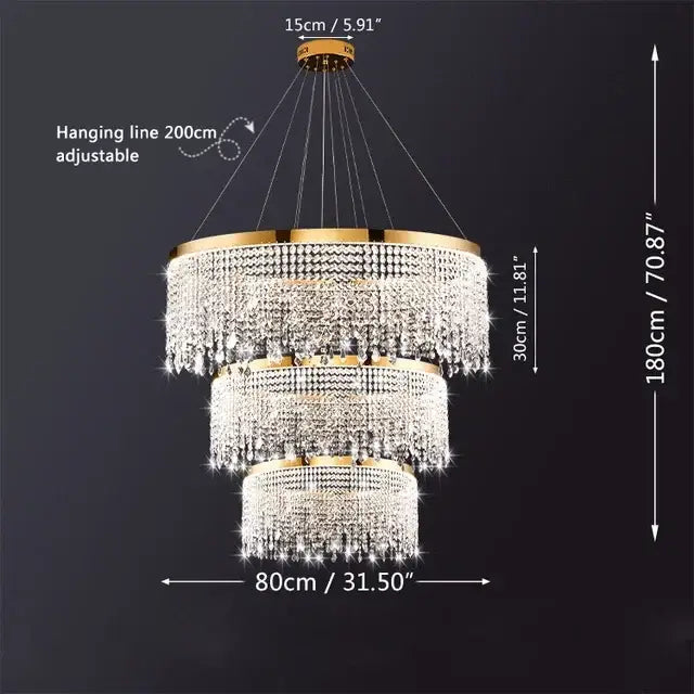 Gold-toned decorbites crystal chandelier with three tiers of cascading crystal beads for modern living and kitchen lighting