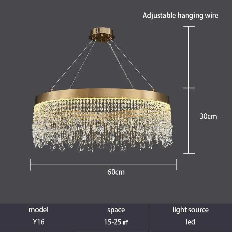 Gold-toned decorbites crystal chandelier with cascading clear crystal droplets and led lighting for modern living rooms and kitchens