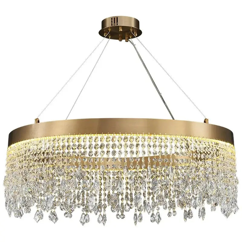 Gold-toned decorbites crystal chandelier with cascading clear crystal droplets and sleek metallic frame for modern rooms
