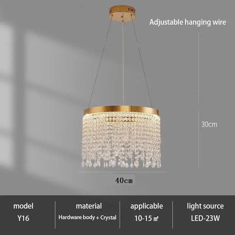 Gold-toned decorbites crystal chandelier with cascading crystal droplets and circular hardware for living room ceiling light