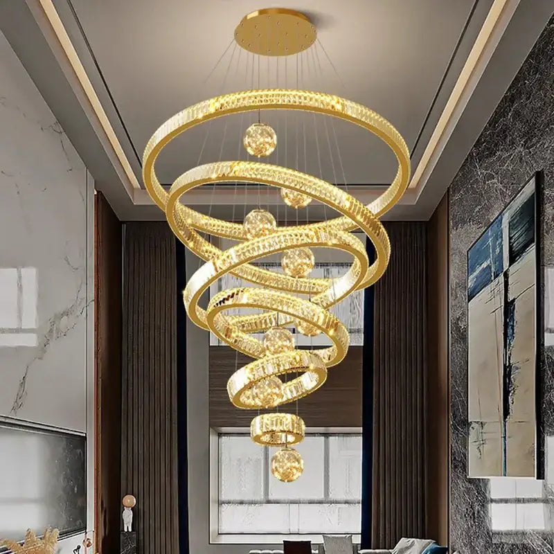 DecorBites crystal chandelier golden spiral design with crystal accents for modern luxurious living room lighting