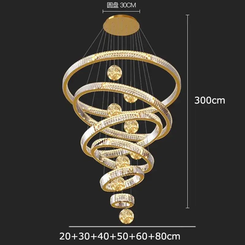 Golden spiral decorbites crystal chandelier with interlocking rings and crystal spheres for elegant interior lighting