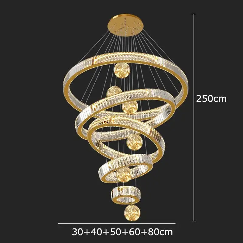 DecorBites crystal chandelier golden spiral design with crystal rings and spherical accents for elegant lighting