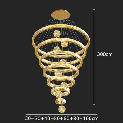 Golden spiral decorbites crystal chandelier with concentric rings and crystal spheres for elegant modern living room lighting