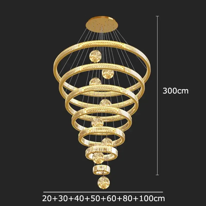 Golden spiral decorbites crystal chandelier with concentric rings and crystal spheres for elegant modern living room lighting