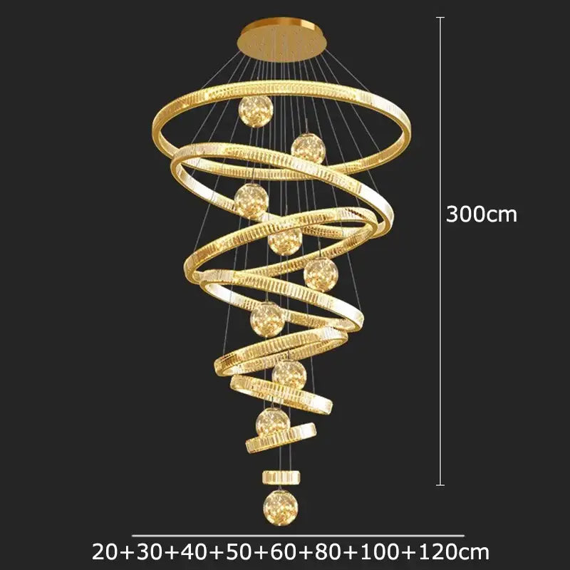 Golden spiral decorbites crystal chandelier with textured rings and spherical crystal accents for elegant interior lighting