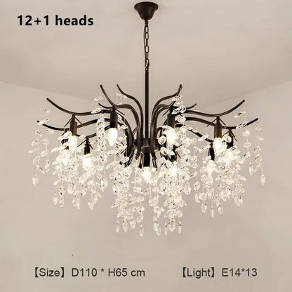 Black wrought iron decorbites crystal chandelier with 12 plus 1 crystal pendant heads and clear glass droplets