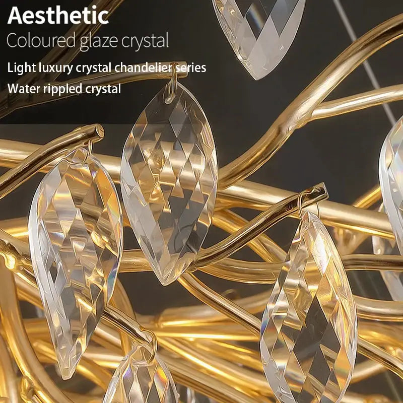 Clear water-rippled crystal pendants hang from a golden frame in the decorbites crystal chandelier for modern luxury lighting