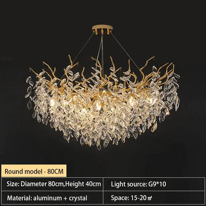 Gold-toned decorbites crystal chandelier with intricate crystal leaf and branch design made from aluminum and crystal
