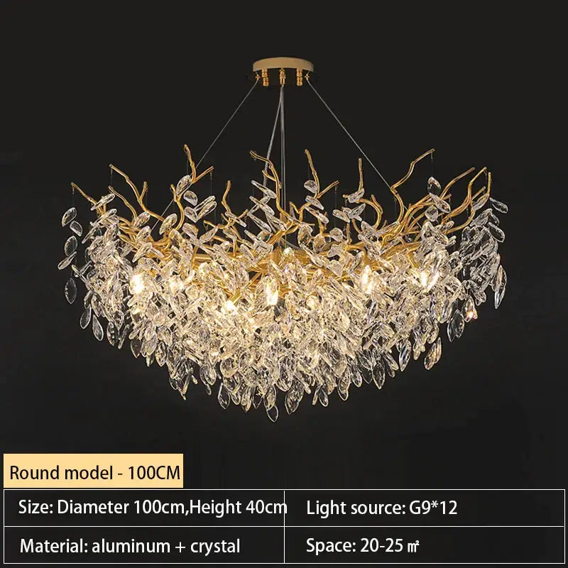 Golden branch decorbites crystal chandelier with cascading clear crystal leaves for modern luxury lighting in living spaces