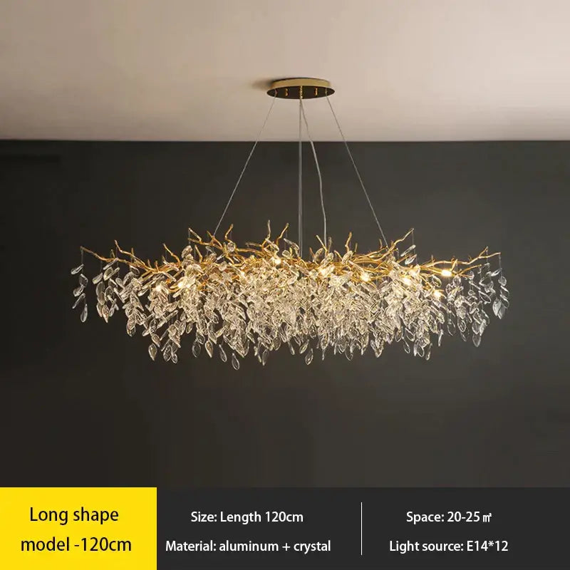 DecorBites crystal chandelier with a golden aluminum frame and clear crystal leaves for modern luxury lighting