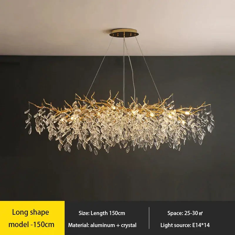 A long elegant decorbites crystal chandelier with golden aluminum frame and cascading clear crystal leaves for luxury interiors