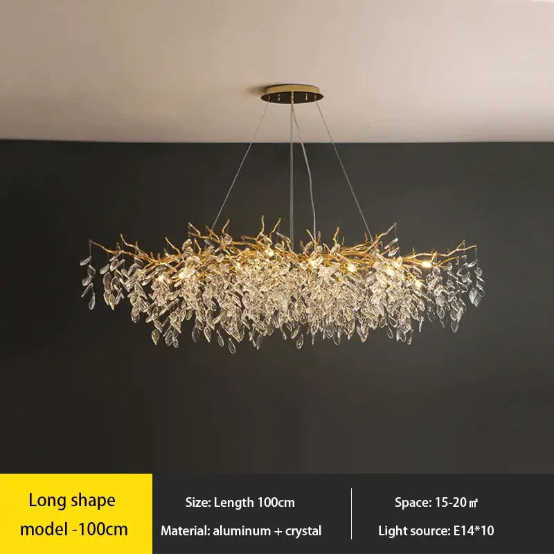 Gold-toned decorbites crystal chandelier with branching design and clear crystal leaves for living room and hotel use