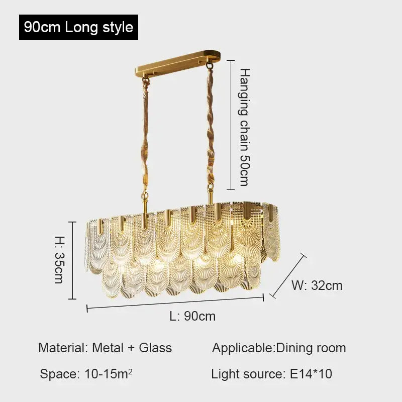 Gold-toned decorbites crystal chandelier featuring fan-shaped glass panels suspended from twisted metal chains for luxury lighting