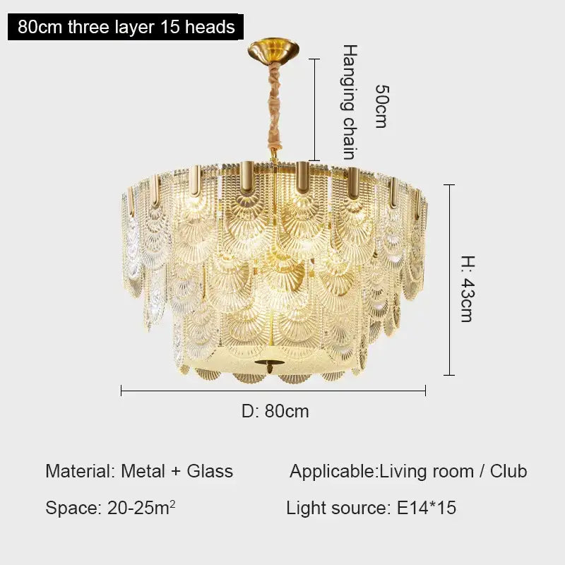 Gold-toned decorbites crystal chandelier with three tiers of 15 glass fan-shaped shades made of metal and glass for indoor use
