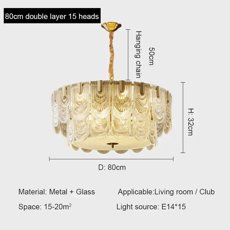Gold-toned decorbites crystal chandelier with 15 glass fan-shaped shades and twisted metal chain for living room or bedroom