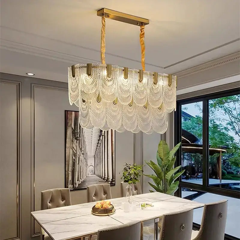 Rectangular decorbites crystal chandelier with gold metal frame and cascading clear crystal prisms for modern luxury lighting