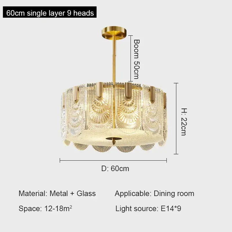 Gold-toned decorbites crystal chandelier with nine fan-patterned glass shades and central metal stem for modern luxury lighting