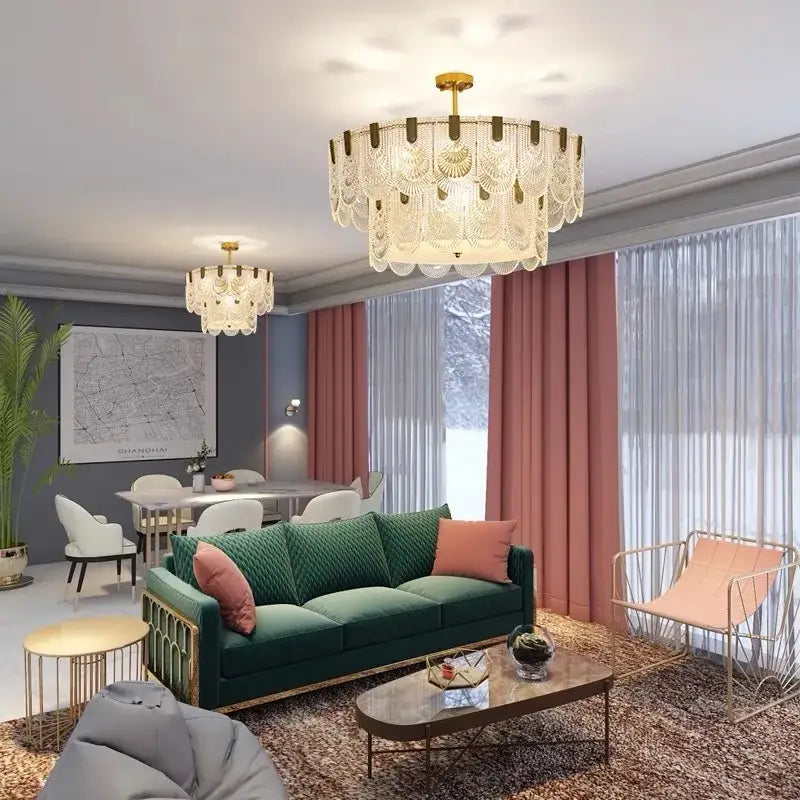 Gold-toned DecorBites crystal chandelier with layered crystal-like scalloped shades for modern luxury lighting
