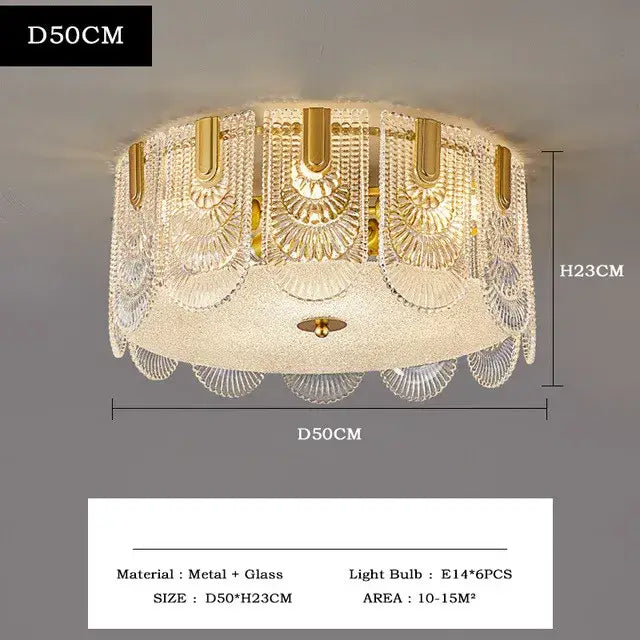 Gold-toned decorbites crystal chandelier with intricate glass fan embellishments and frosted glass center for modern luxury lighting