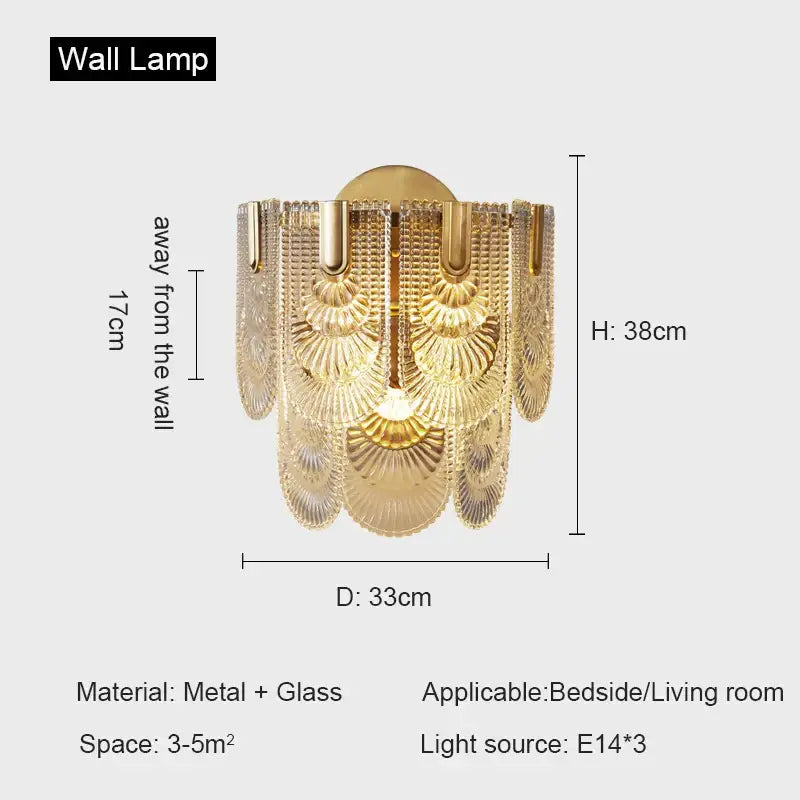 Gold-toned decorbites crystal chandelier with cascading fan-shaped glass panels for living room or restaurant lighting