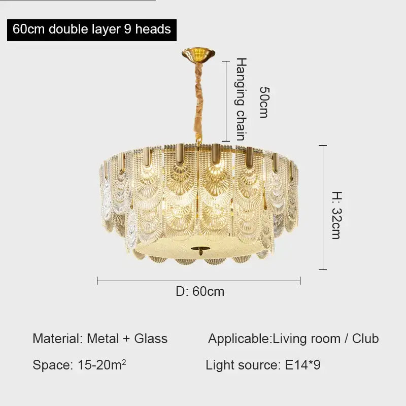 Gold-toned decorbites crystal chandelier with 9 glass fan-shaped shades and twisted metal hanging chain for luxury lighting