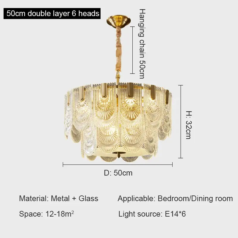 Gold-toned decorbites crystal chandelier with double layer fan-shaped glass and six e14 lights for modern luxury spaces