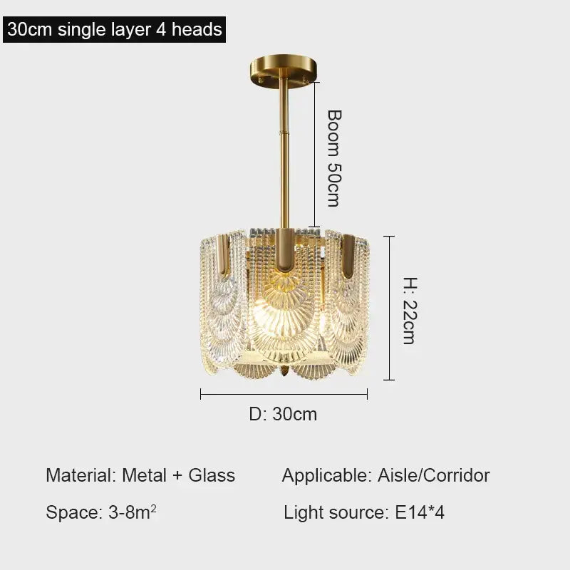 Gold-toned decorbites crystal chandelier with four ornate fan-shaped glass panels for modern luxury lighting
