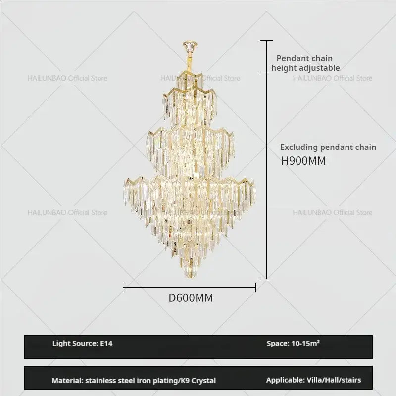 Gold-toned decorbites crystal chandelier with cascading clear k9 crystals and stainless steel plating for modern luxury interiors