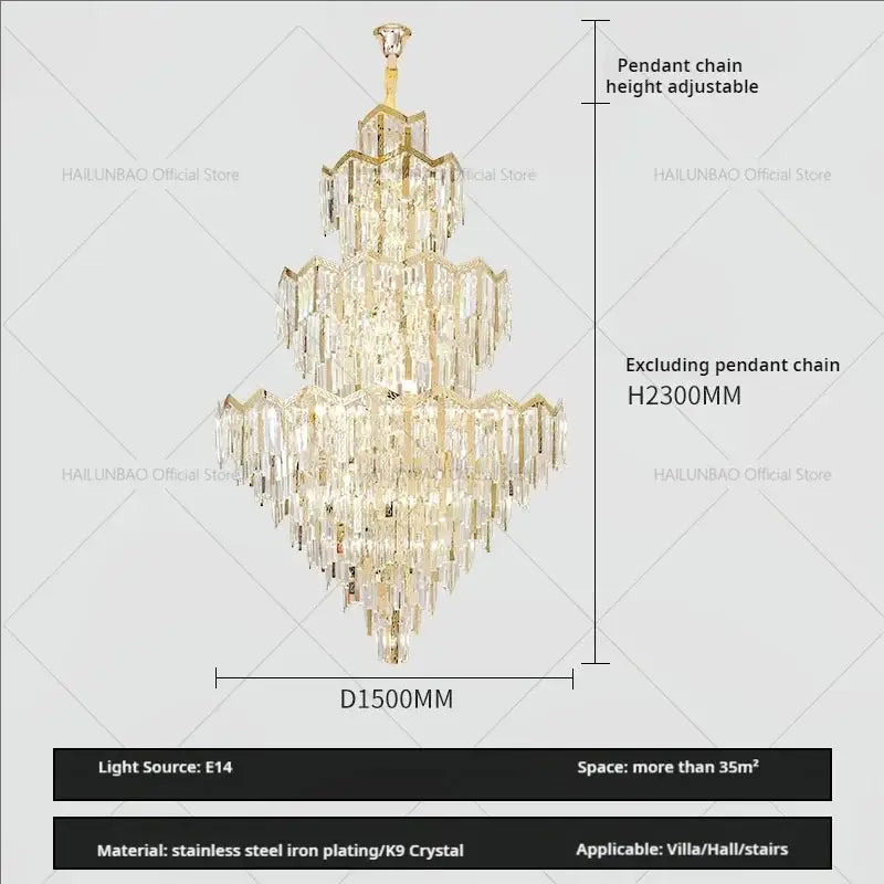 Decorbites crystal chandelier with cascading k9 crystal prisms and gold stainless steel frame for modern luxury spaces