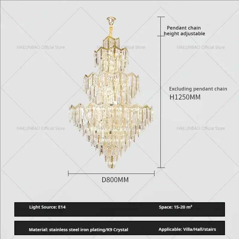 Gold-plated stainless steel decorbites crystal chandelier with cascading k9 crystal tiers for modern luxury villas and hotels