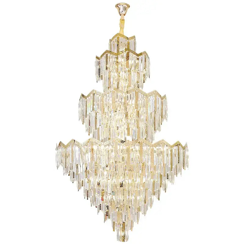 A decorbites crystal chandelier with gold-toned metal accents and cascading clear glass prisms for villa and hotel use