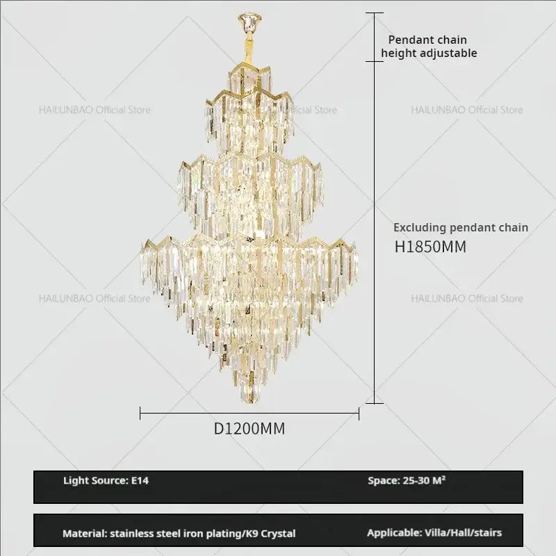 A modern luxury decorbites crystal chandelier with cascading k9 crystal prisms and gold-plated stainless steel frame