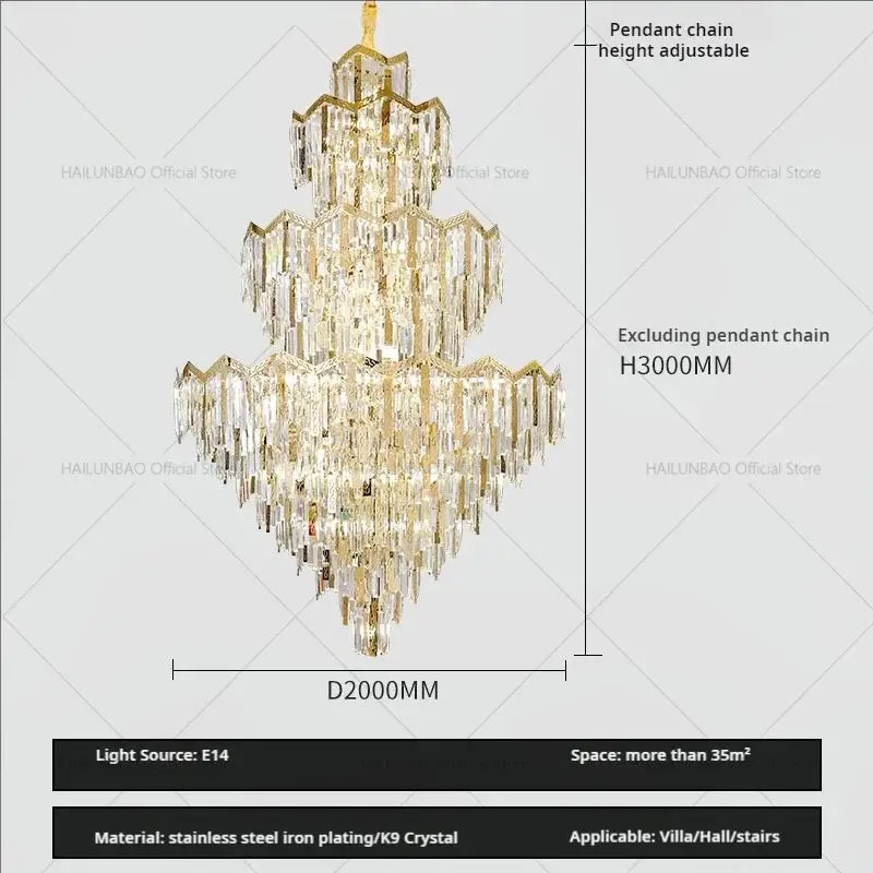 Gold-toned decorbites crystal chandelier with cascading clear k9 crystals and stainless steel plating for modern luxury spaces