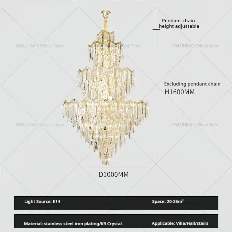 Gold-toned decorbites crystal chandelier with cascading clear k9 crystals and stainless steel plating for modern luxury venues