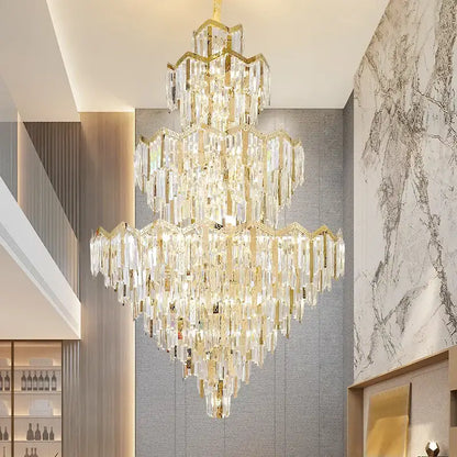 Decorbites crystal chandelier with gold-toned frames and cascading crystal prisms for modern luxury villas and hotels