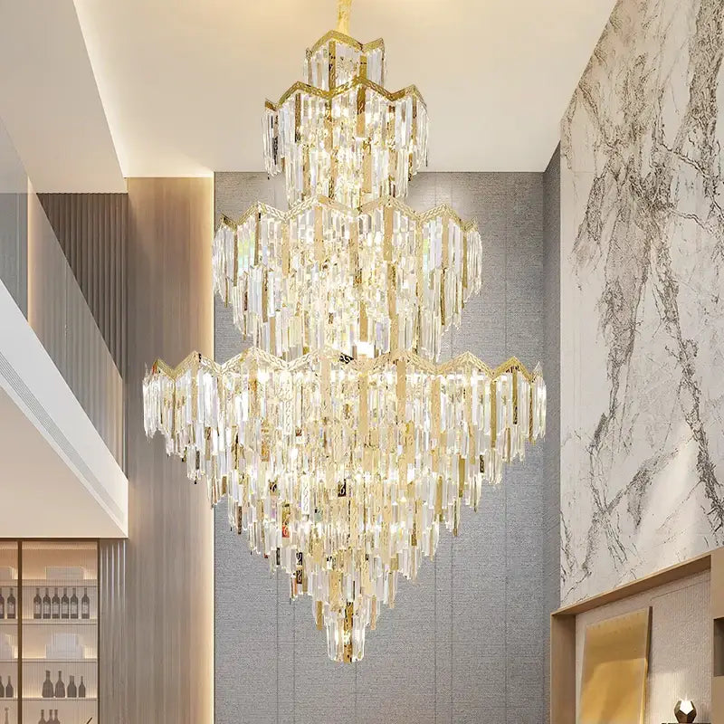 Decorbites crystal chandelier with gold-toned frames and cascading crystal prisms for modern luxury villas and hotels