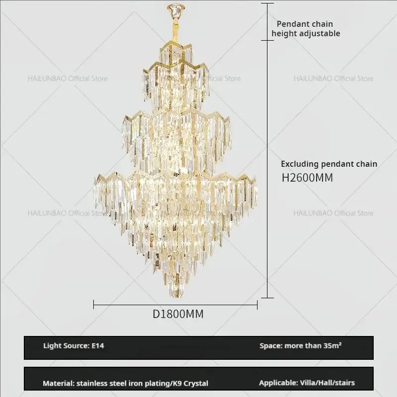 Gold-toned decorbites crystal chandelier with cascading k9 crystal prisms and stainless steel iron plating for luxury spaces