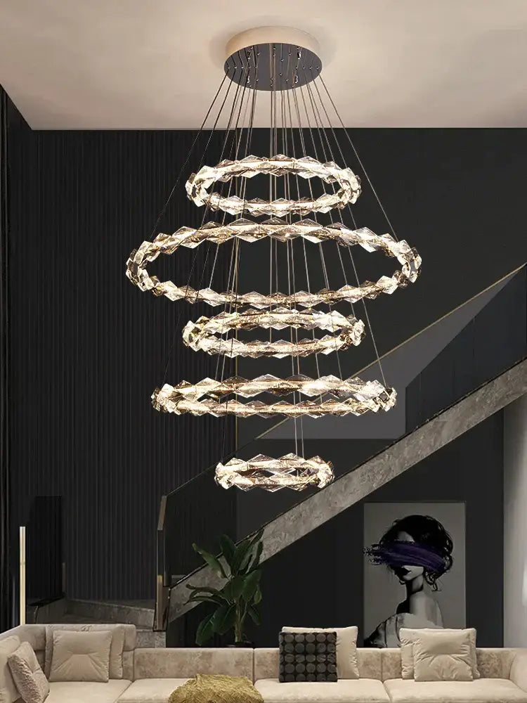 Decorbites crystal chandelier featuring modern luxury duplex staircase ring lamp with cascading crystal rings and metallic mount