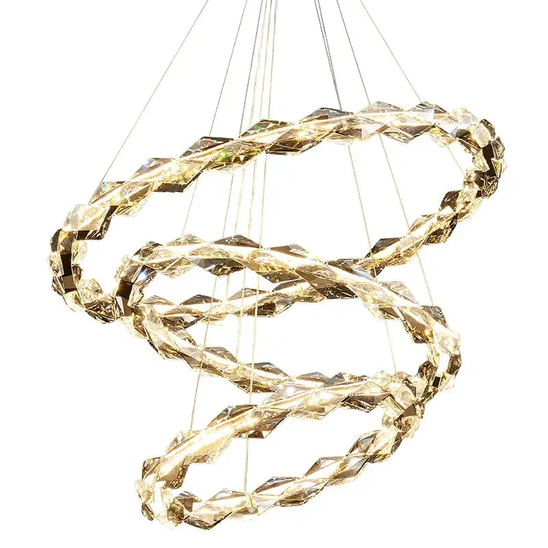 Golden crystal chandelier with three interlocking rings from decorbites crystal chandelier for modern luxury staircases