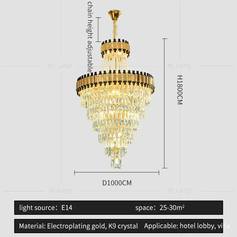 Gold electroplated decorbites crystal chandelier with cascading k9 crystal tiers for modern luxury interiors