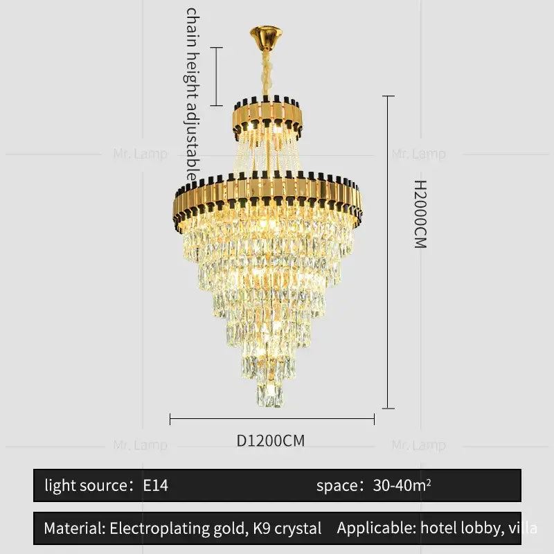 Gold electroplated decorbites crystal chandelier with cascading clear k9 crystals for modern luxury spaces