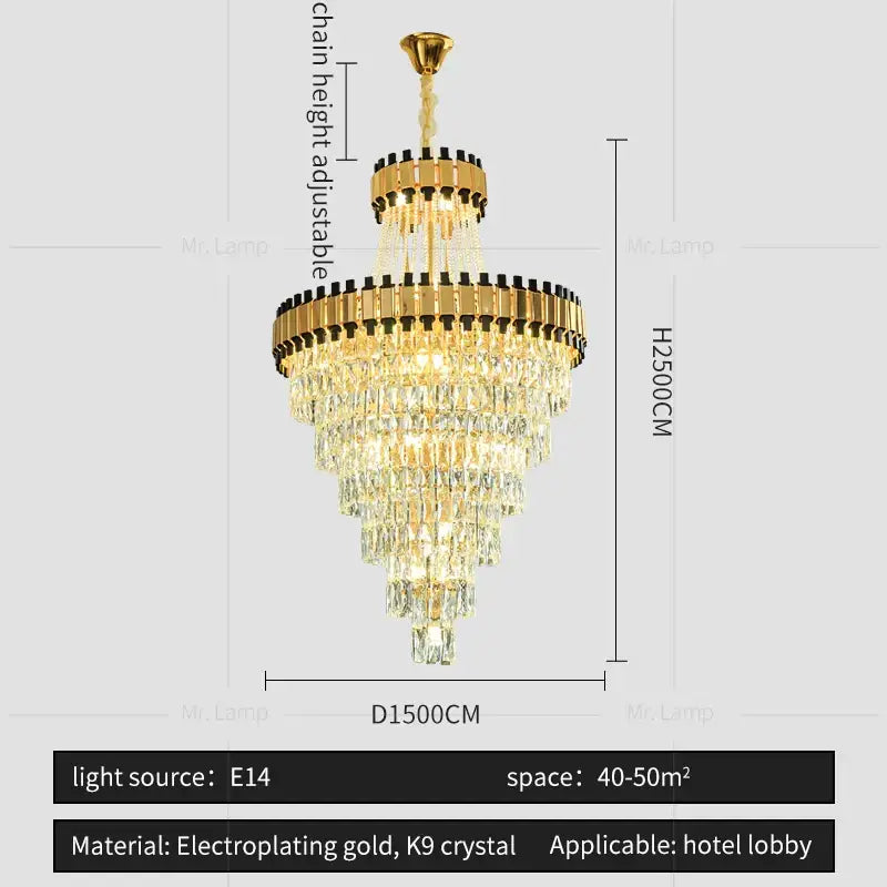 Gold electroplated decorbites crystal chandelier with cascading tiers of k9 crystal for duplex villas and banquet halls